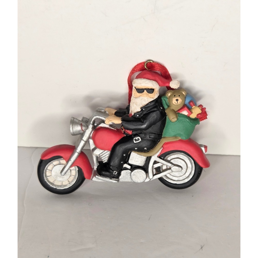 Midwest of Cannon Falls Santa on Motorcycle Resin Christmas Ornament Red Bike